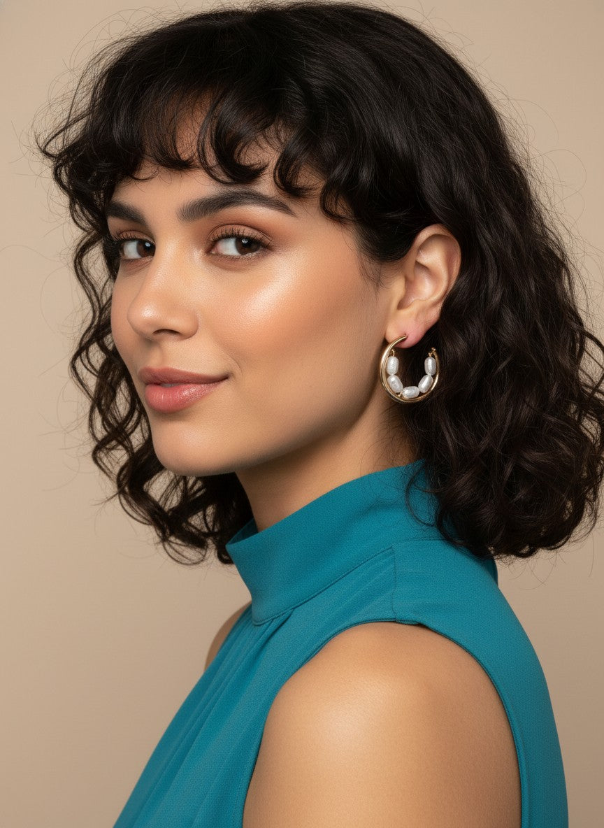 Trendy Gold Plated Inlaid Pearl Hoops Earring for Women