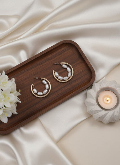 Trendy Gold Plated Inlaid Pearl Hoops Earring for Women