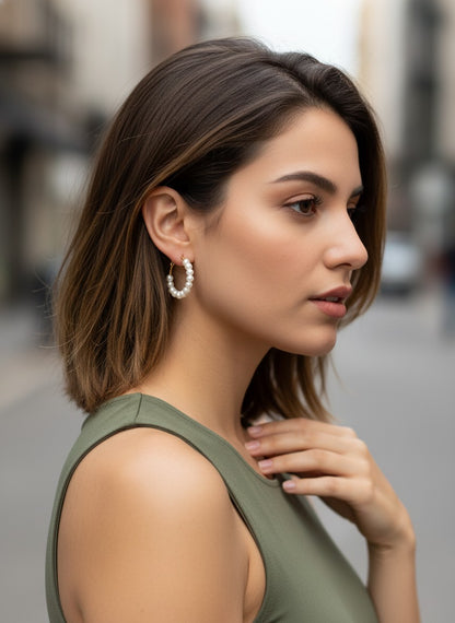 Trendy Gold Plated White Pearl Hoops Earring for Women