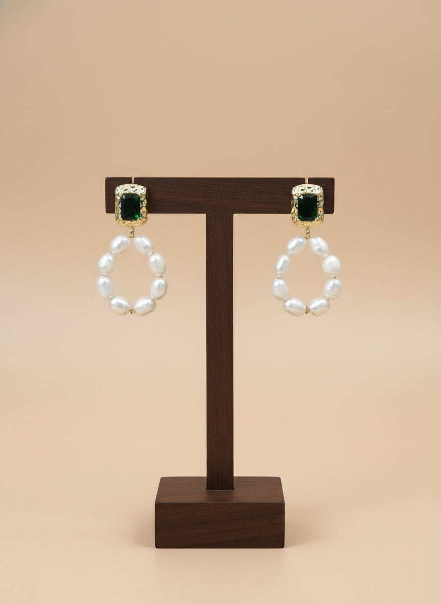 Trendy Gold Plated Green Emerald Pearl Drop Earring for Women
