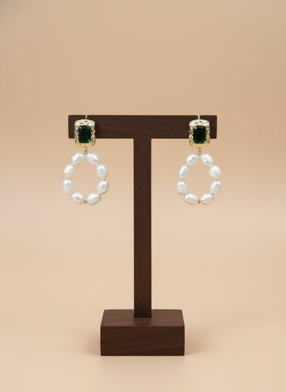 Trendy Gold Plated Green Emerald Pearl Drop Earring for Women