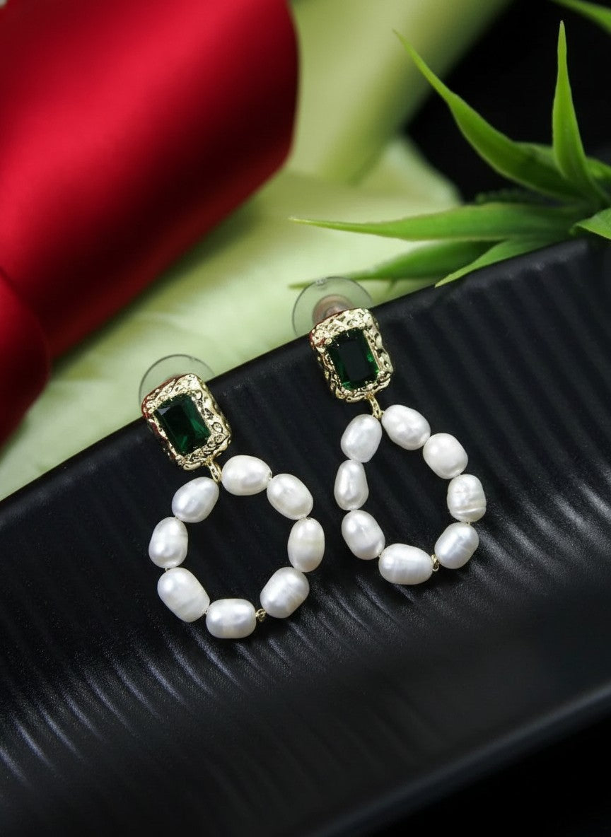Trendy Gold Plated Green Emerald Pearl Drop Earring for Women