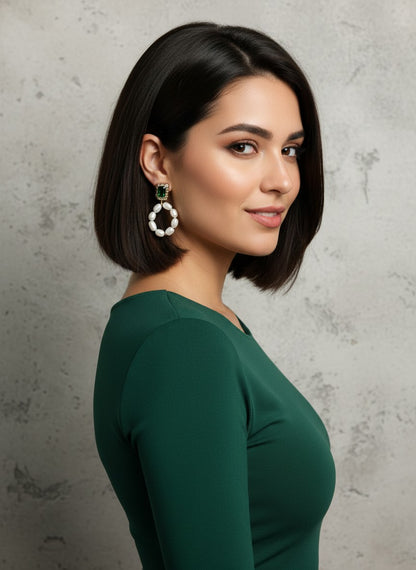 Trendy Gold Plated Green Emerald Pearl Drop Earring for Women