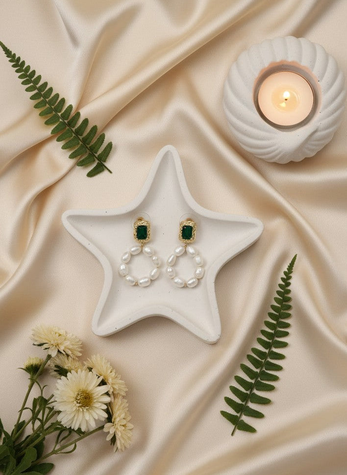 Trendy Gold Plated Green Emerald Pearl Drop Earring for Women