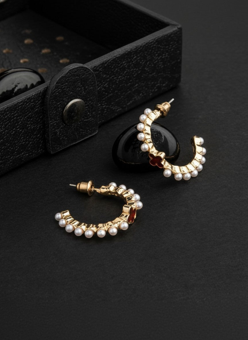 Trendy Pearl Studded Clover Design Enamel Hoops for Women