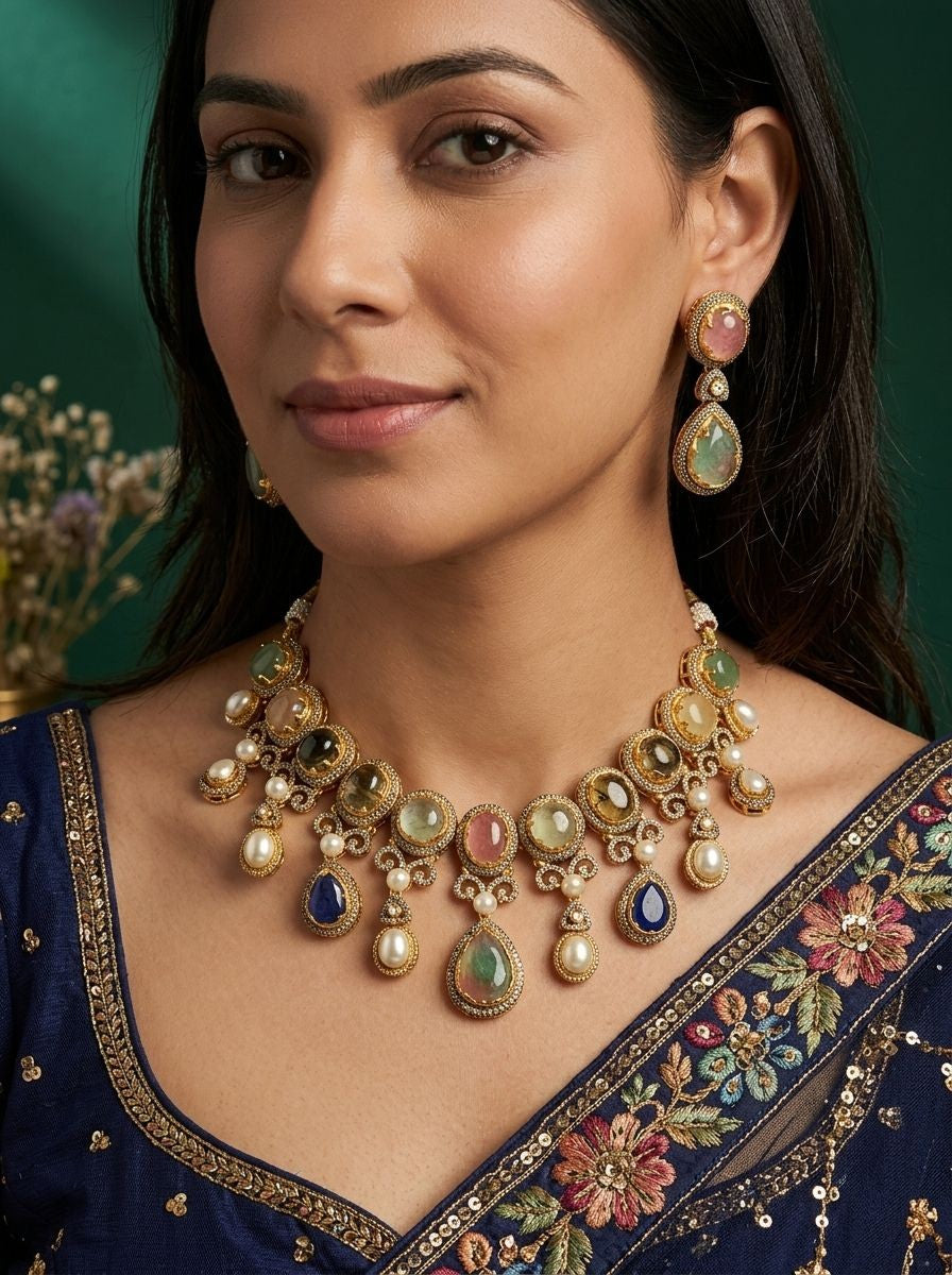 Tarangini Multicolour Natural Stones, Pearls & Polki Necklace Set for Women - Festive Wear Statement Piece