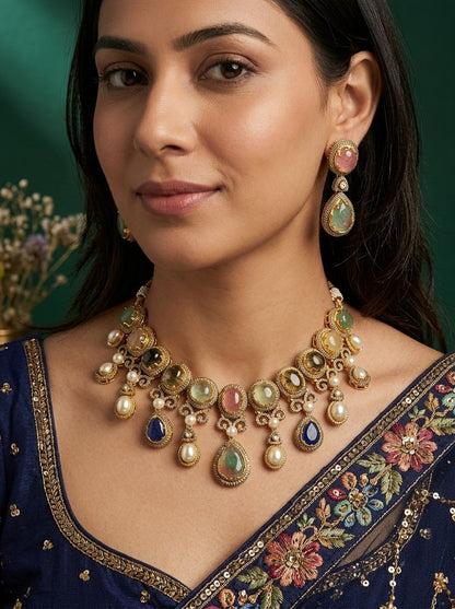 Tarangini Multicolour Natural Stones, Pearls & Polki Necklace Set for Women - Festive Wear Statement Piece