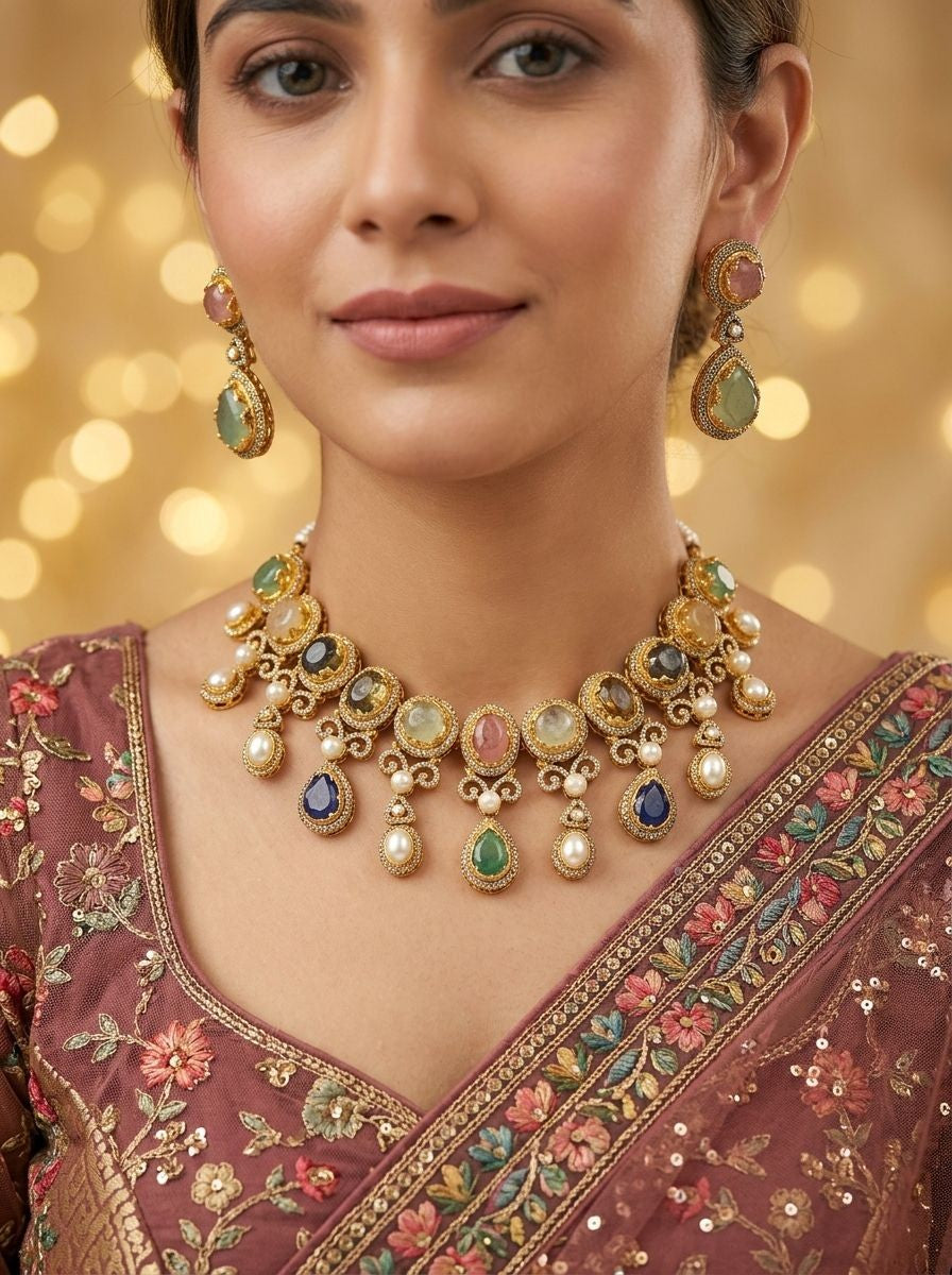 Tarangini Multicolour Natural Stones, Pearls & Polki Necklace Set for Women - Festive Wear Statement Piece