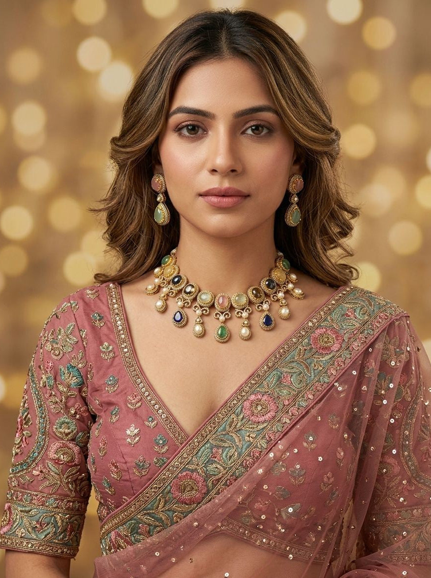 Tarangini Multicolour Natural Stones, Pearls & Polki Necklace Set for Women - Festive Wear Statement Piece
