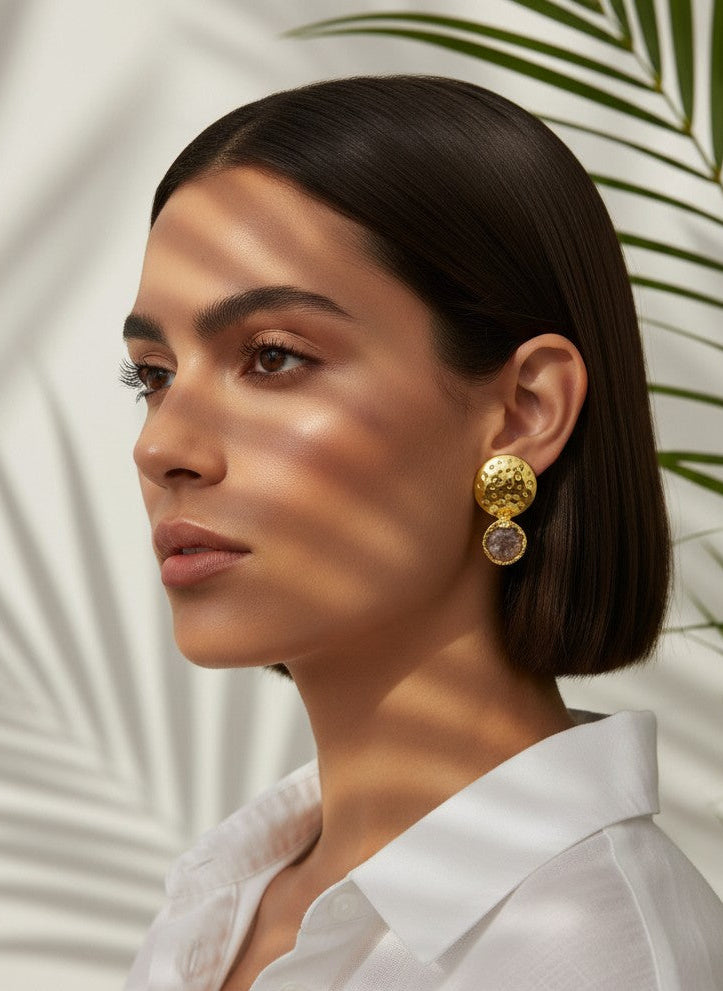 Model wearing textured Handcrafted 18K Gold Plated Rose Quartz Stud Earrings – Versatile All-Occasion Statement