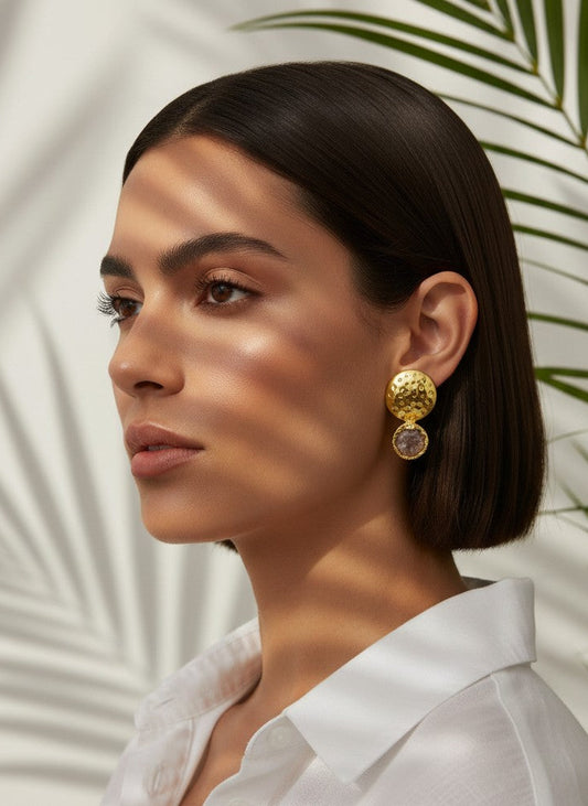 Model wearing textured Handcrafted 18K Gold Plated Rose Quartz Stud Earrings – Versatile All-Occasion Statement