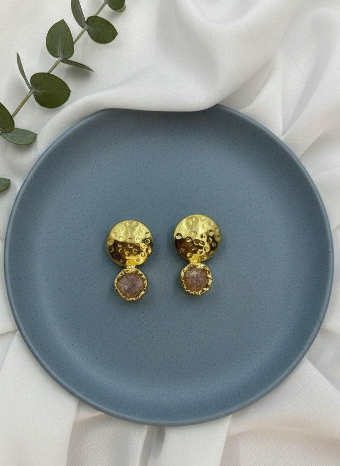 extured Handcrafted 18K Gold Plated Rose Quartz Stud Earrings – Versatile All-Occasion Statement