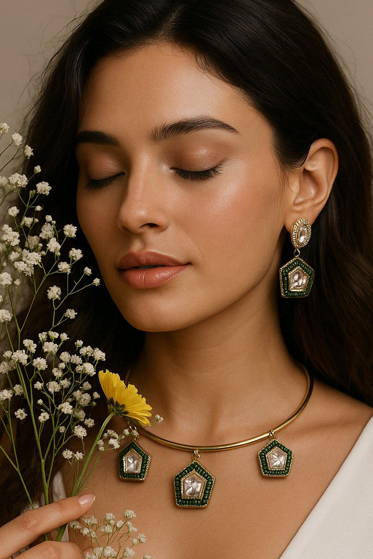 Traditional Hasli style Gold-Plated Polki Necklace Set for Women - Statement Piece