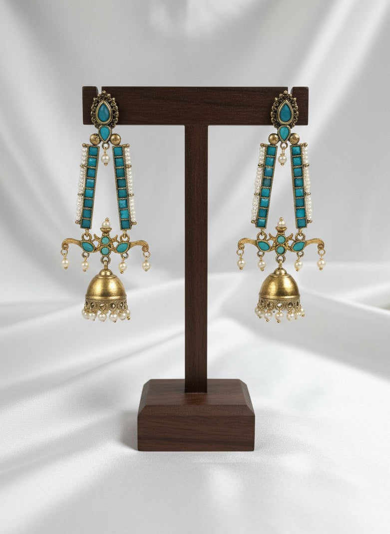 Traditional Long Two-Tone Jhumka Dangler Earrings with Pearl & Stone Work for Women - Festive Wear