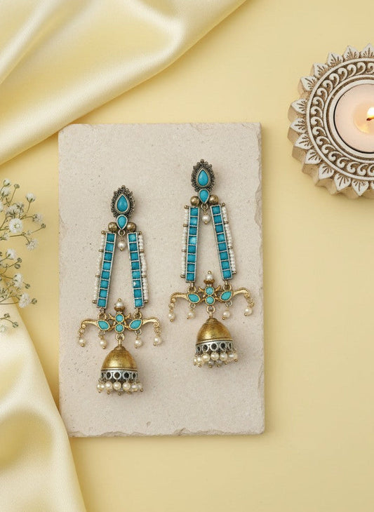 Traditional Long Two-Tone Jhumki Dangler Earrings with Pearl & Stone Work for Women - Festive Wear