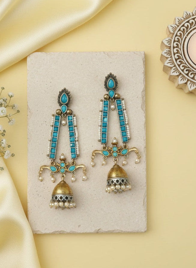 Traditional Long Two-Tone Jhumki Dangler Earrings with Pearl & Stone Work for Women - Festive Wear