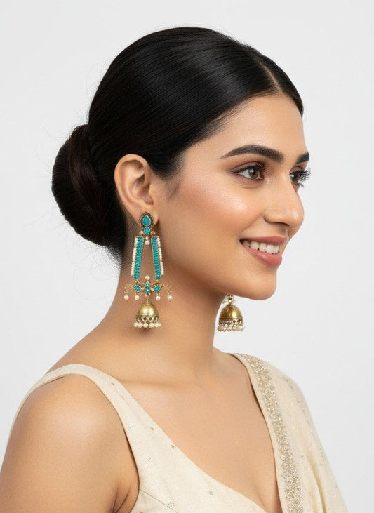 Model wearingTraditional Long Two-Tone Jhumki Dangler Earrings with Pearl & Stone Work for Women - Festive Wear