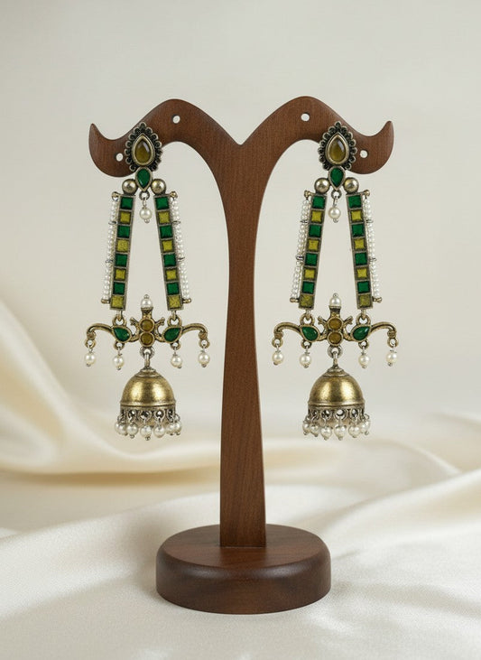 Traditional Long Two-Tone Jhumki Dangler Earrings with Pearl & Stone Work for Women - Festive Wear