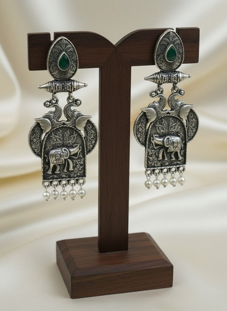 Traditional Silver Oxidized Elephant Motif Dangler Earrings with Black Stone & Pearl Work for Women