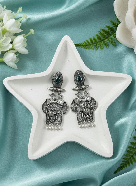 Traditional Silver Oxidized Elephant Motif Dangler Earrings with Blue Stone & Pearl Work for Women - Ethnic Wear