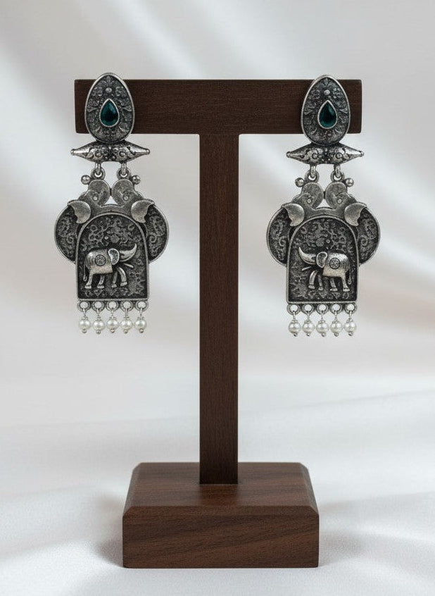 Traditional Silver Oxidized Elephant Motif Dangler Earrings with Blue Stone & Pearl Work for Women - Ethnic Wear