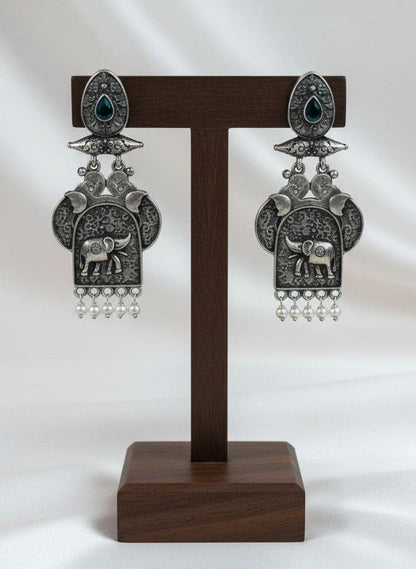 Traditional Silver Oxidized Elephant Motif Dangler Earrings with Blue Stone & Pearl Work for Women - Ethnic Wear