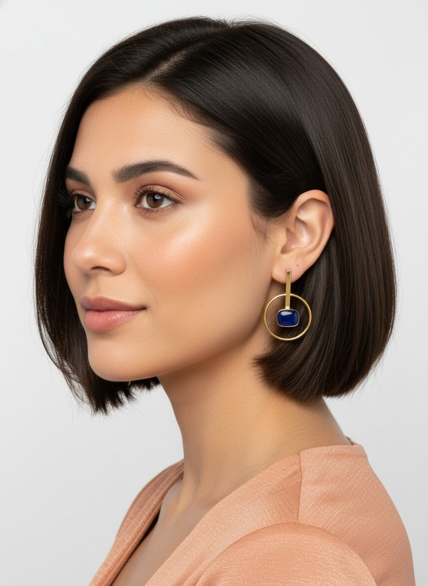 Trendy Gold Plated Handmade Dangler Earrings in Blue Monalisa Stones for Women - Western Wear