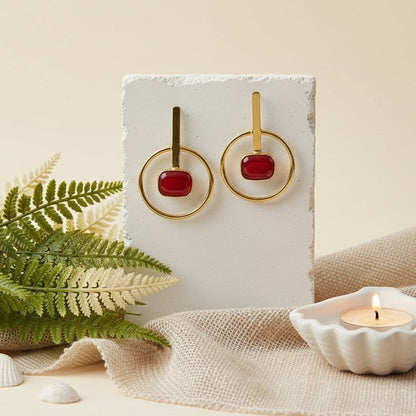 Trendy Gold Plated Handmade Dangler Earrings in Red Monalisa Stones for Women - Chic Western Wear