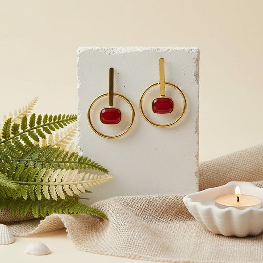 Trendy Gold Plated Handmade Dangler Earrings in Red Monalisa Stones for Women - Chic Western Wear