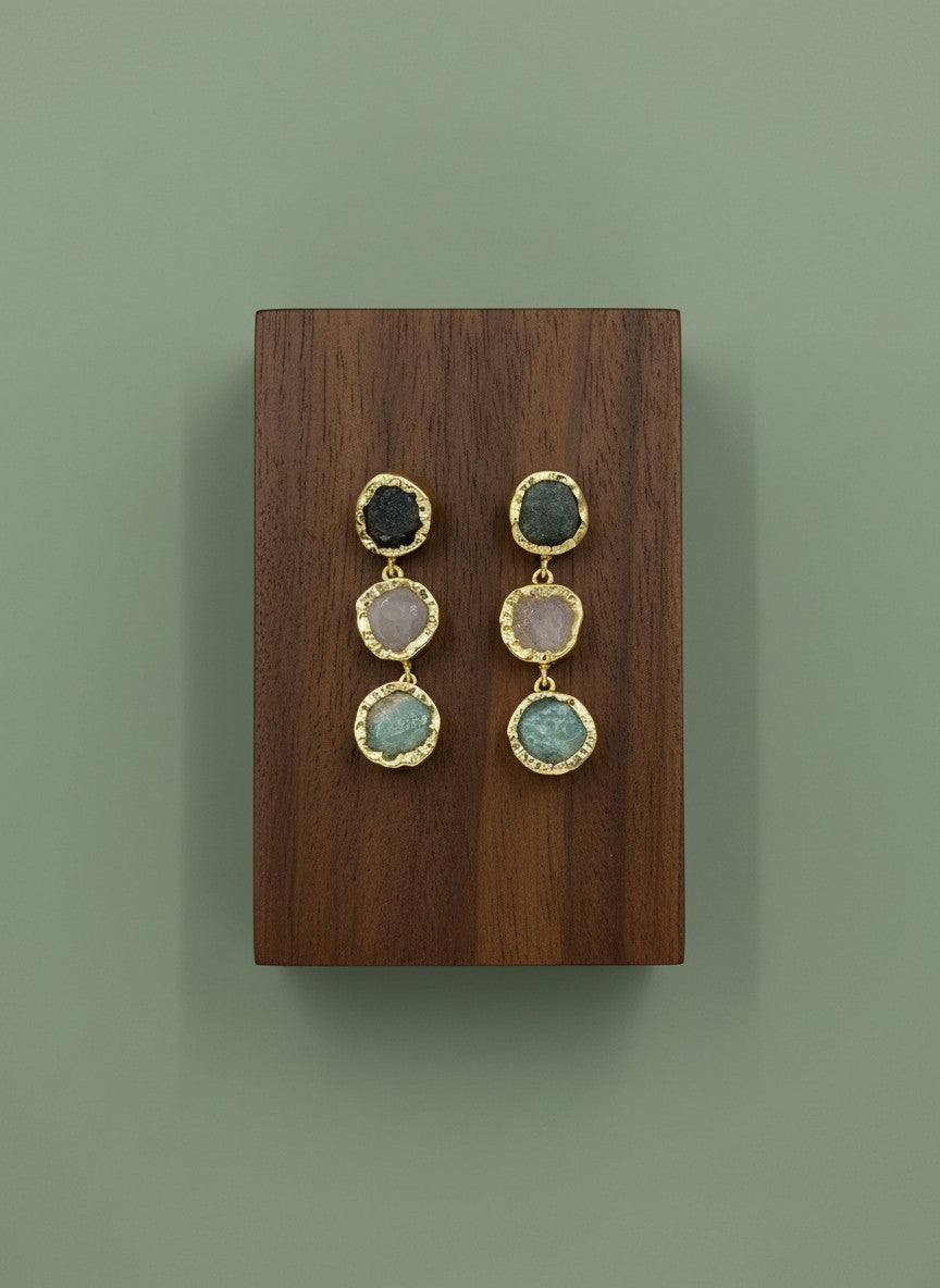 Trio Natural Stone Gold Statement Dangler Earrings for Women - All Occasion wear