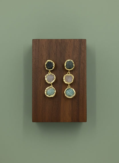 Trio Natural Stone Gold Statement Dangler Earrings for Women - All Occasion wear