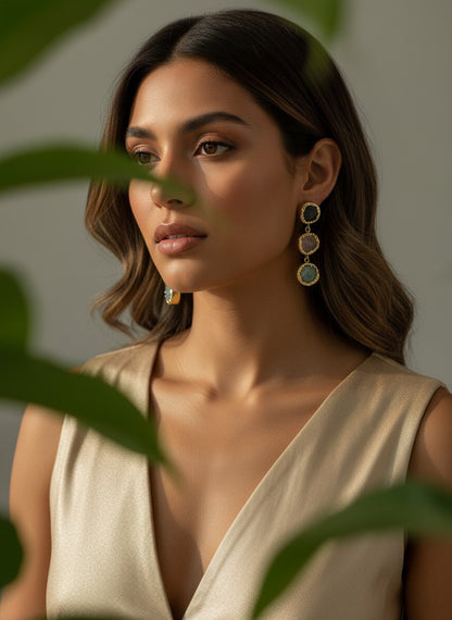 Trio Natural Stone Gold Statement Dangler Earrings for Women - All Occasion wear