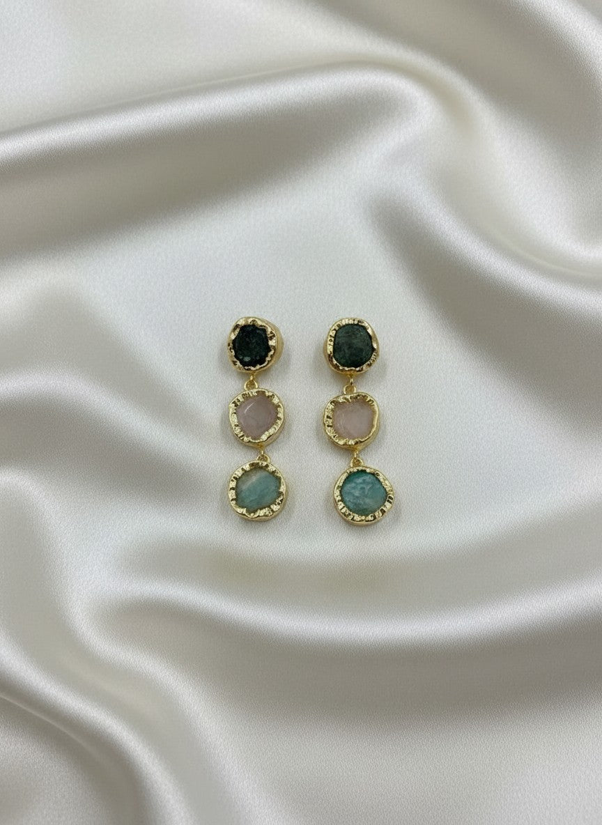 Trio Natural Stone Gold Statement Dangler Earrings for Women - All Occasion wear
