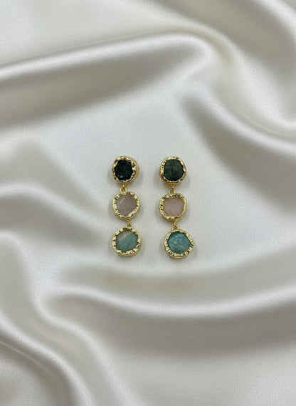 Trio Natural Stone Gold Statement Dangler Earrings for Women - All Occasion wear