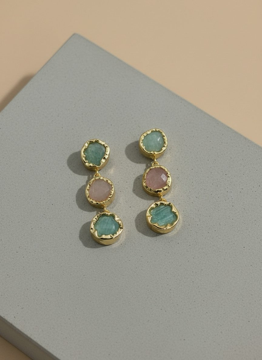 Trio Natural Stone Green Aventurine Gold Statement Dangler Earrings for Women - All Occasion wear