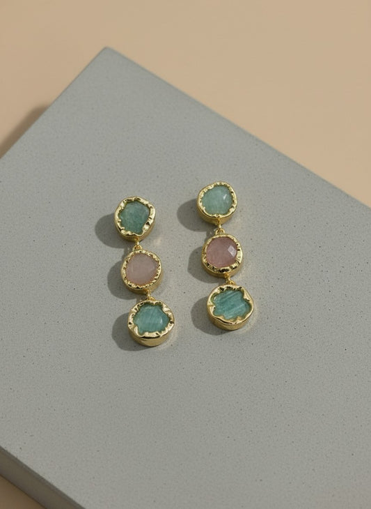 Trio Natural Stone Green Aventurine Gold Statement Dangler Earrings for Women - All Occasion wear