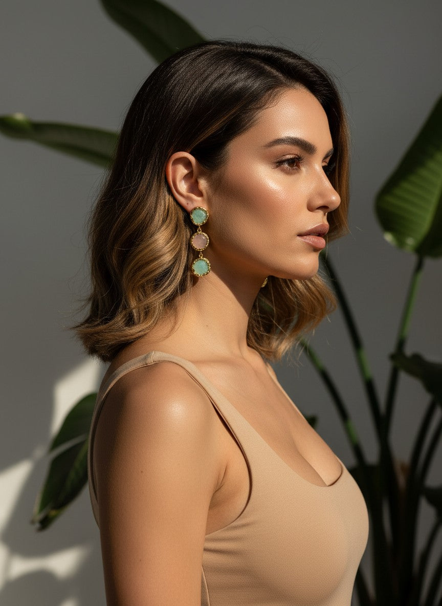 Trio Natural Stone Green Aventurine Gold Statement Dangler Earrings for Women - All Occasion wear