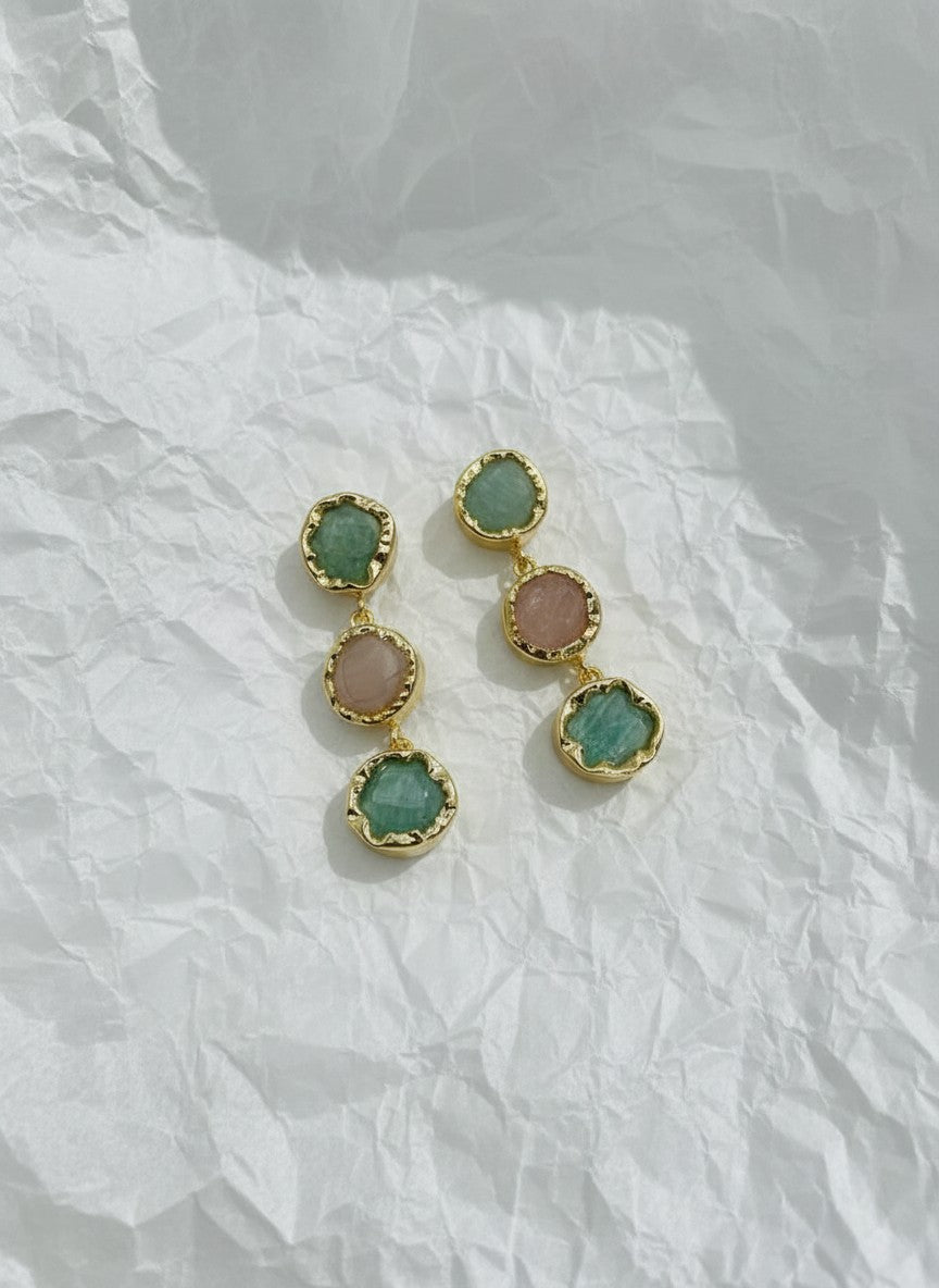 Trio Natural Stone Green Aventurine Gold Statement Dangler Earrings for Women - All Occasion wear
