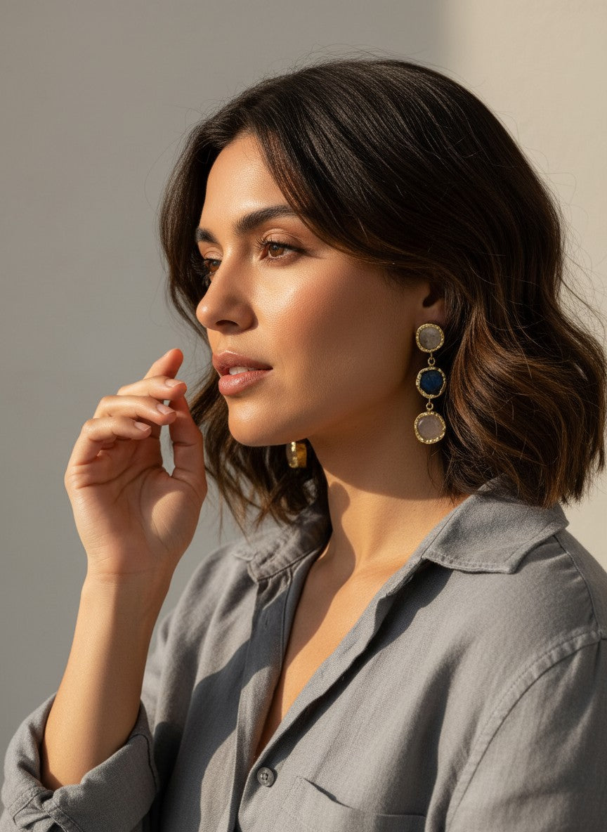 Trio Natural Stone Moonstone Gold Statement Dangler Earrings for Women - All Occasion wear 
