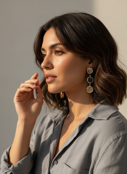 Trio Natural Stone Moonstone Gold Statement Dangler Earrings for Women - All Occasion wear 
