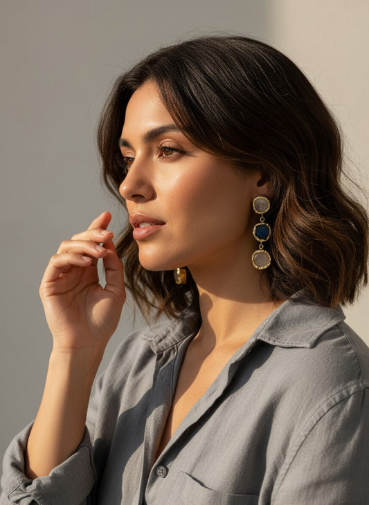 Trio Natural Stone Moonstone Gold Statement Dangler Earrings for Women - All Occasion wear 