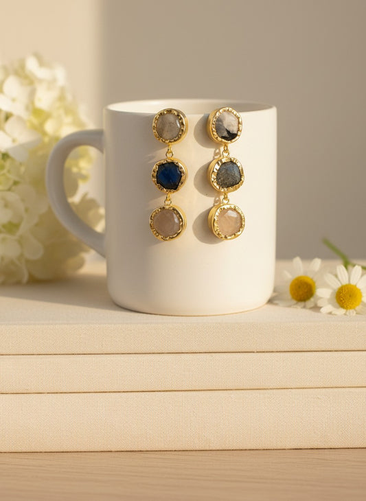 Trio Natural Stone Moonstone Gold Statement Dangler Earrings for Women - All Occasion wear 
