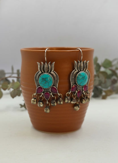 Turquoise Rani Lotus Ghungroo Hook Earrings for Women - Everyday Wear