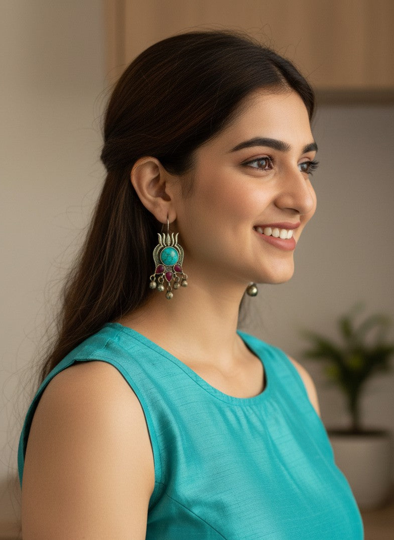 Turquoise Rani Lotus Ghungroo Hook Earrings for Women - Everyday Wear