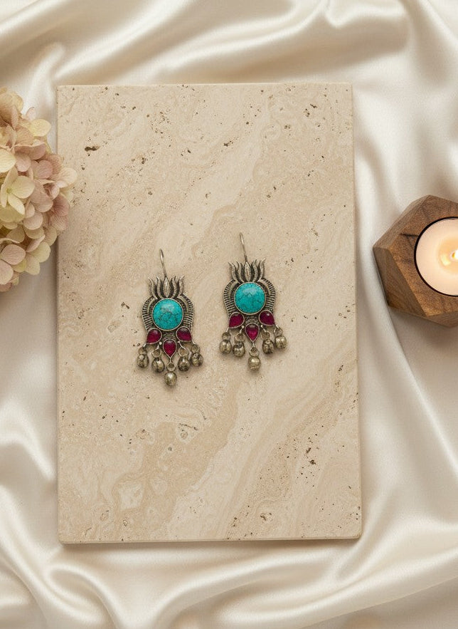 Turquoise Rani Lotus Ghungroo Hook Earrings for Women - Everyday Wear