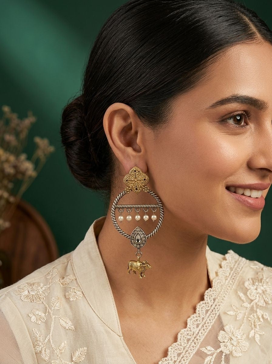 Two-Tone Nandi Dangler Earrings with Black Stone & Pearl Drops for Women - Festive Wear