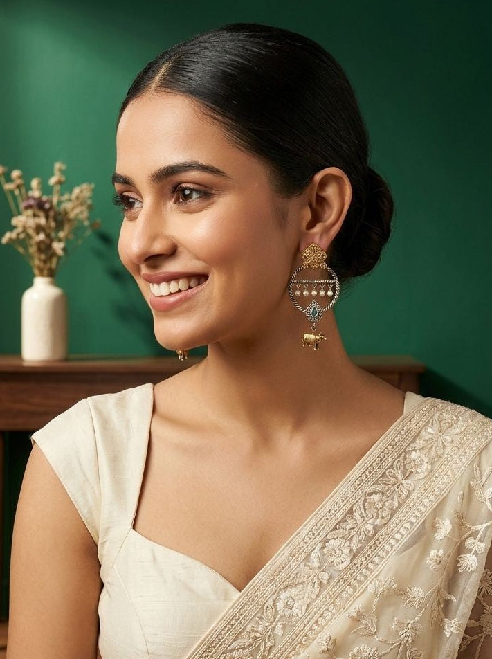 Two-Tone Nandi Dangler Earrings with Black Stone & Pearl Drops for Women - Festive Wear