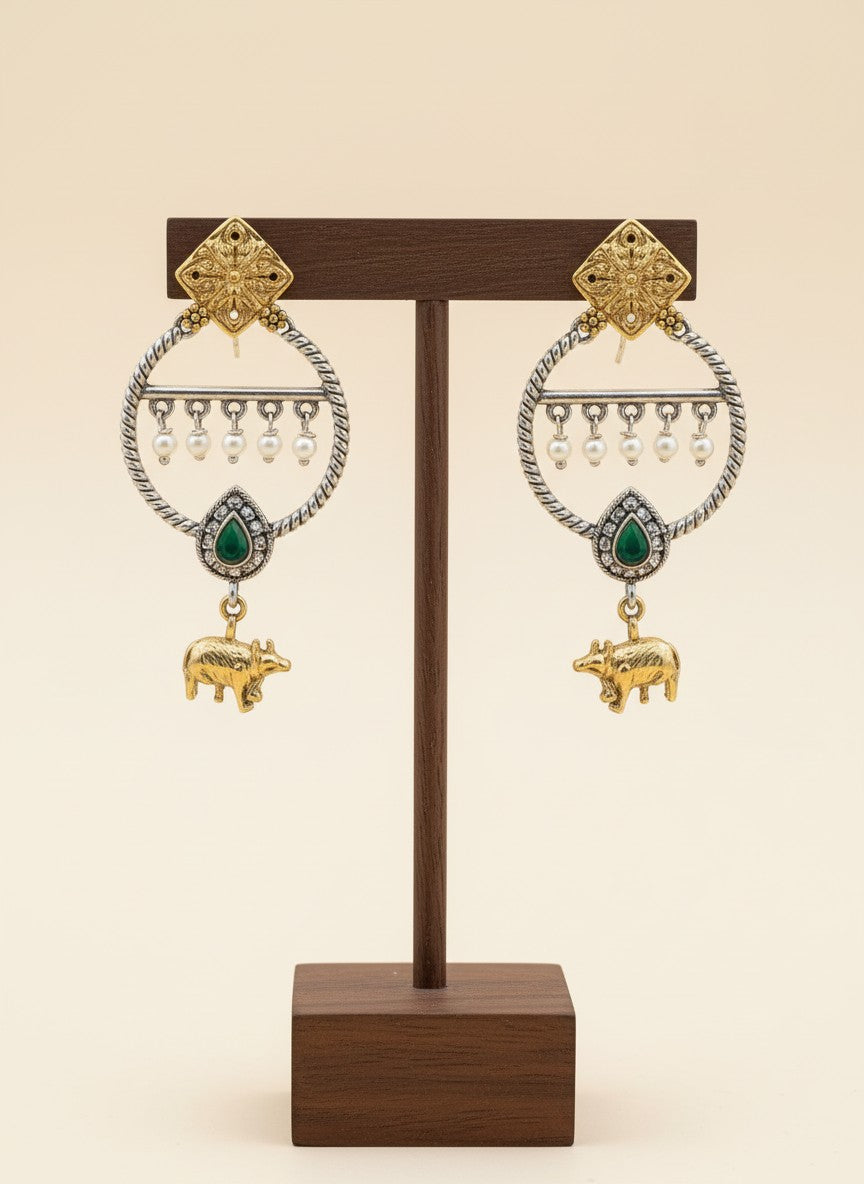 Two-Tone Nandi Dangler Earrings with Black Stone & Pearl Drops for Women - Festive Wear