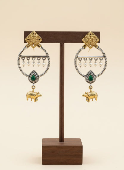 Two-Tone Nandi Dangler Earrings with Black Stone & Pearl Drops for Women - Festive Wear