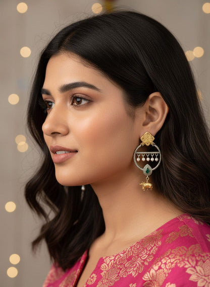 Two-Tone Nandi Dangler Earrings with Black Stone & Pearl Drops for Women - Festive Wear